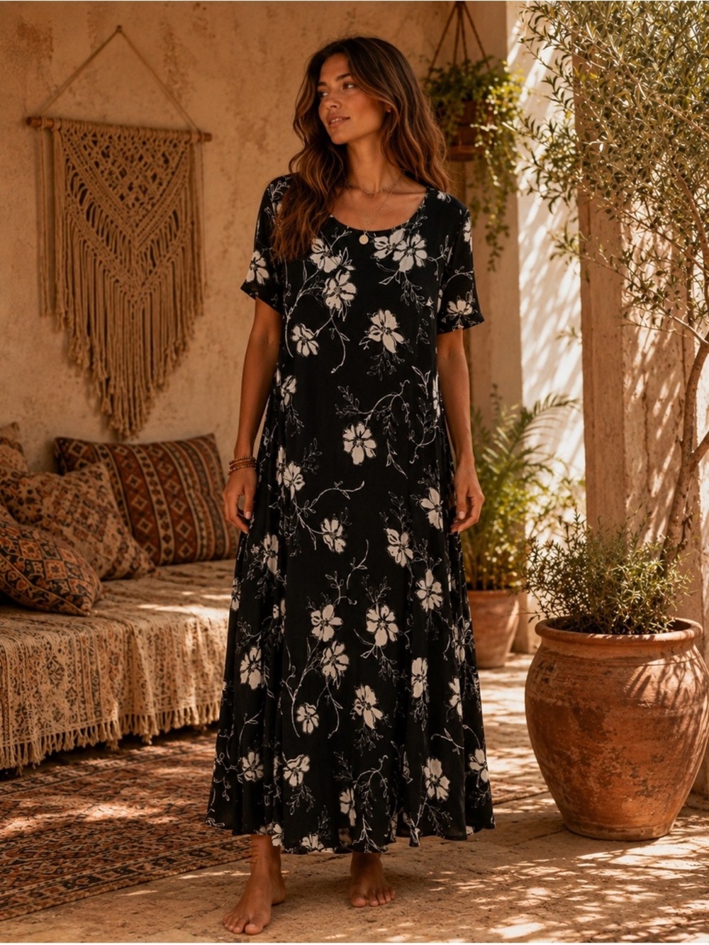 Black Floral Boho Dark Cottagecore Midi Dress